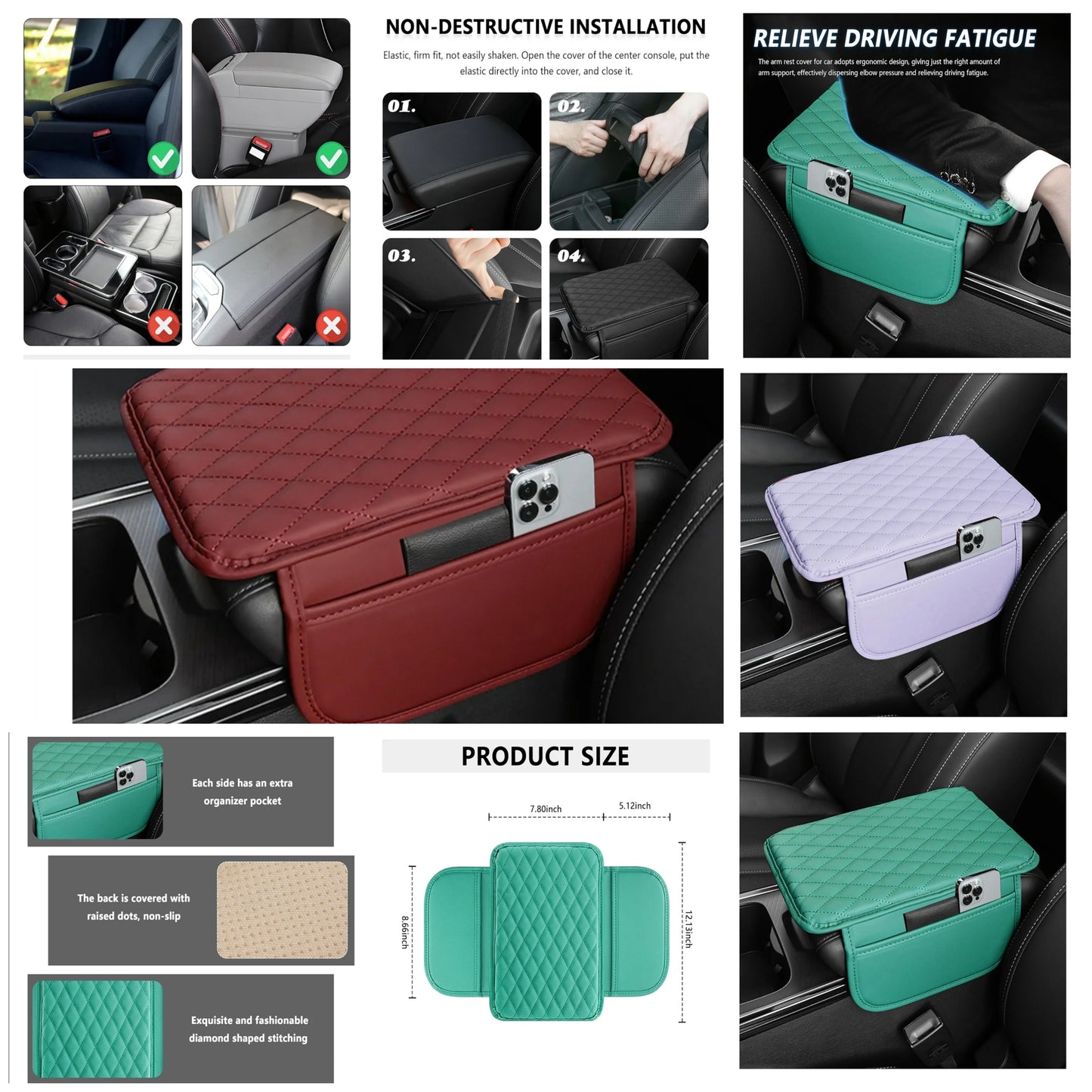 Car Center Console Cover,Microfiber Leather Car Armrest Cover Cushion with 2 Storage Bags,Universal Car Armrest Storage Box Car Interior Accessories for Most Vehicles