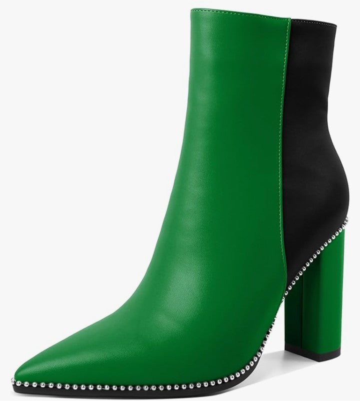 Womens Pointed Toe Beaded Chunky Ankle Boots Side Zipper 3.5 Inches