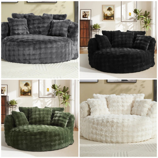Oversized Faux Fur Round Barrel Accent Chair Pillow Back Large Sofa Chair, No Assembly Required