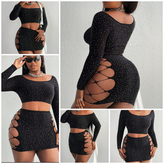 Plus Size Fashionable Sexy 2 Piece Set - Rhinestone Crop Top And Hollow-Out Mini Skirt one size COCOMONEY.STORE
