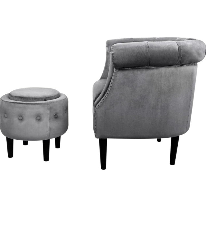 Mid-Century Accent Chair with Storage Ottoman, Modern Velvet Armchair Button Tufted Rivet Barrel Chair, Comfy Single Sofa Chair Ottoman Set for Living Room Bedroom Reading Room