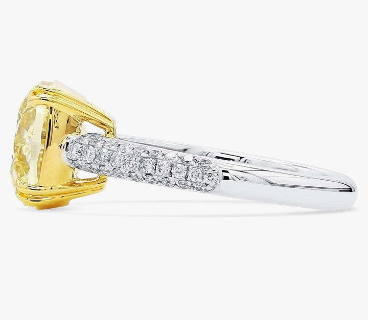 COCOMONEY GIA Certified 4.02 Carat Cushion Fancy Light Yellow Color Diamond Set In 18k White & Yellow Gold Ring (FANCY LIGHT YELLOW-SI1) Adjustable and Resizable