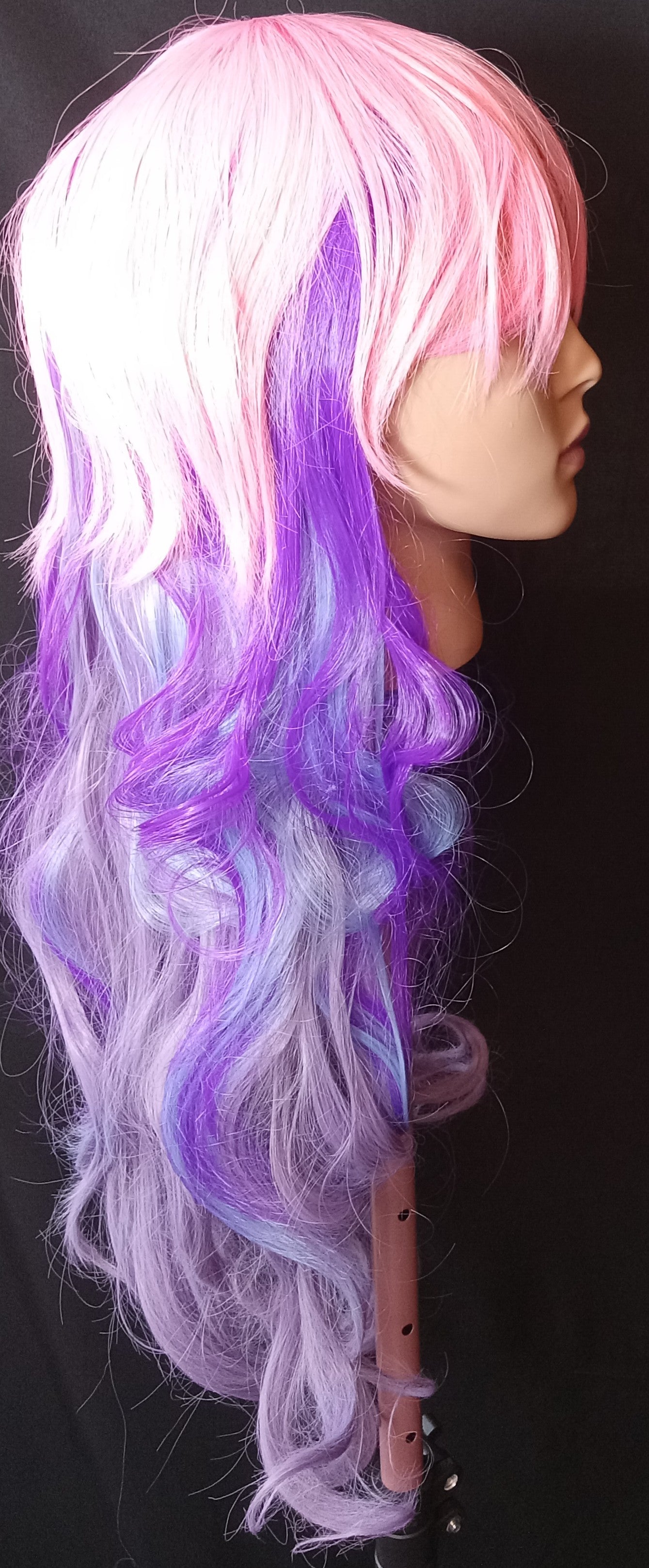 COCOMONEY WIG LONG PURPLE AND PINK WAVY CURLY SYNTHETIC