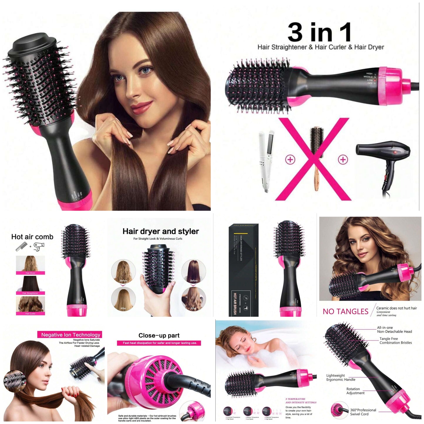 3 In 1 Hair Dryer Brush Blow Dryer,Hair Straightening Brush,1000W 3 Temp Blow Dryer Brush,Negative Ion Hot Air Brush,Hair Straightener Brush Blow Halloween Christmas Gifts
