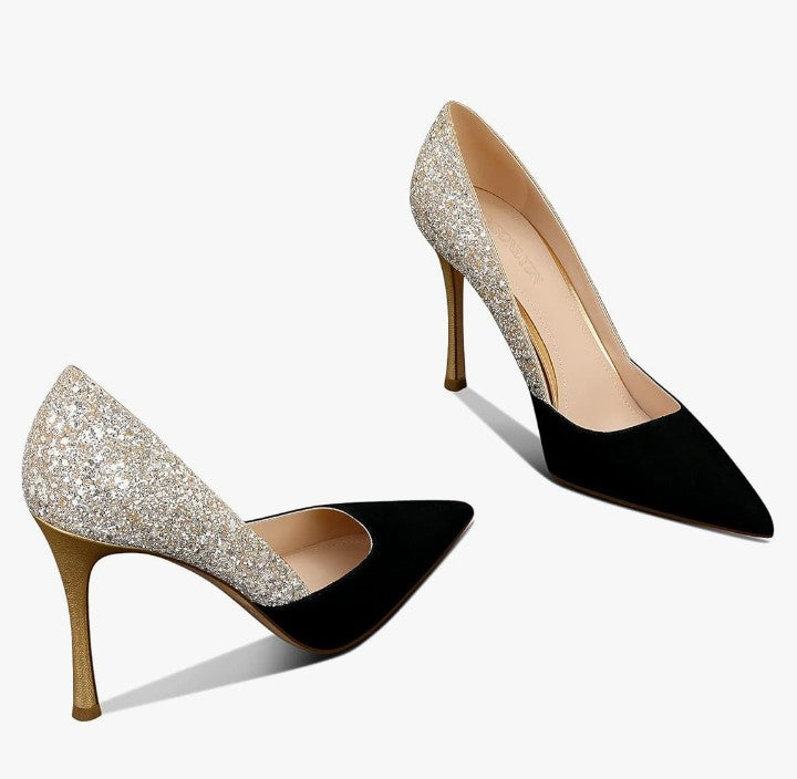Women's Gold Classic Pointed Toe High Heels Stiletto Pumps with 3.35in Sparkly for Wedding,Party,Dress
