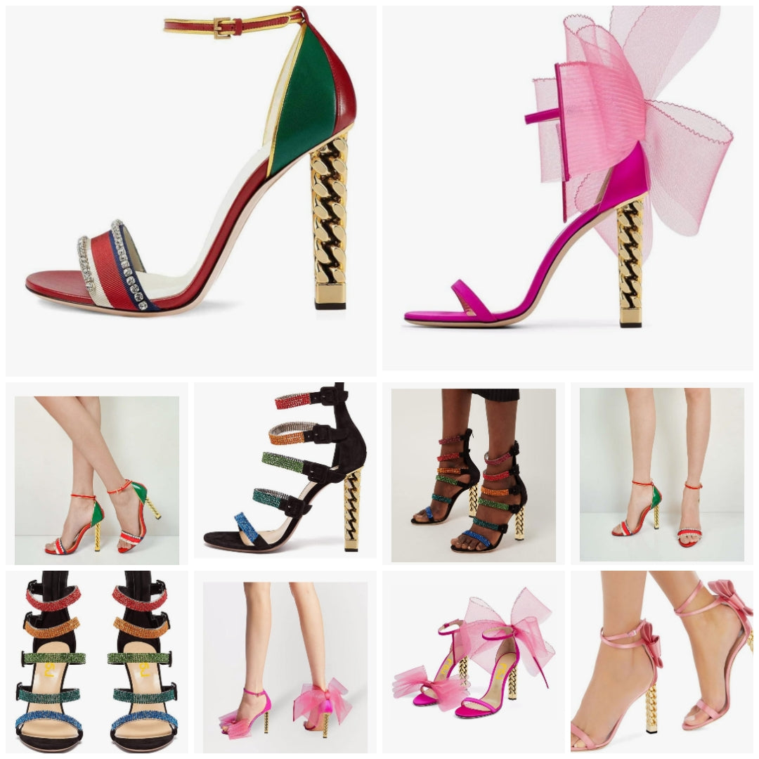 Gold Metal Chain Chunky High Heels Ankle Strap Sandals Open Toe Fashion Summer Dressy Shoes Size 4-15 US