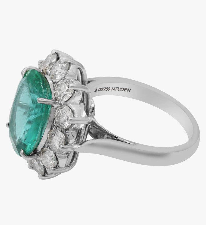 COCOMONEY Genuine Emerald & Diamond Halo Statement Wedding Ring Cluster Diamond Delicate Ring 18k Solid White Gold Bridal Ring Gift For Her Jewelry