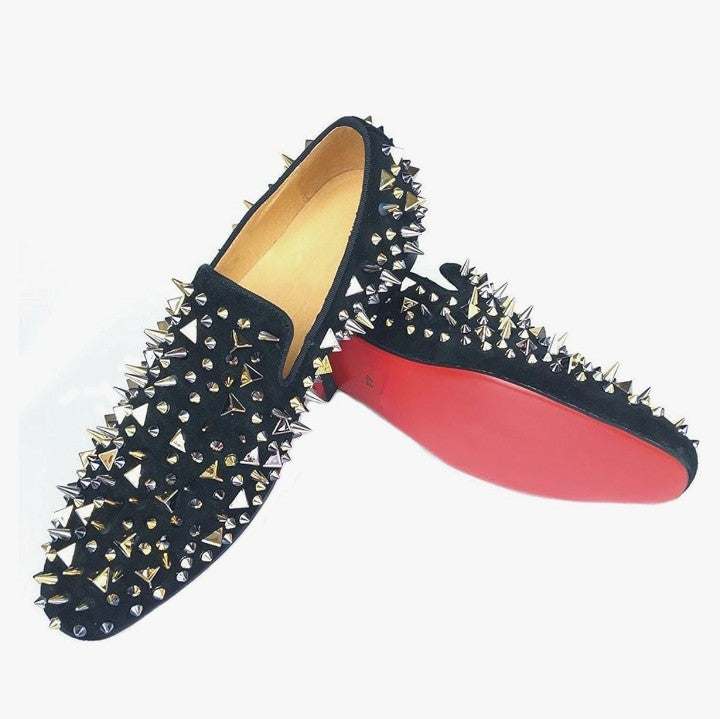 Men's Black Leather Loafers Slippers with Gold Spikes Dress Shoes Slip-On Flats Party Shoes