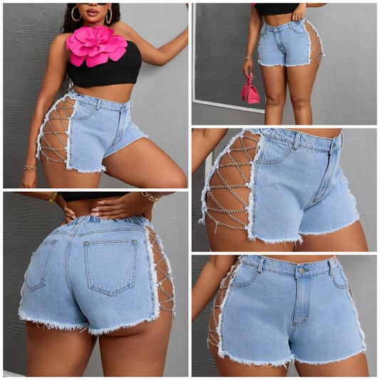 Plus Size Front Button Pockets Hollow Fringe Hem Casual Denim Shorts COCOMONEY