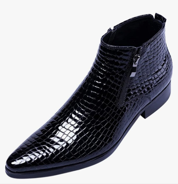 Men's Ankle Patent Leather Fashion Plaid Zipper Pointed Toe Casual Boots