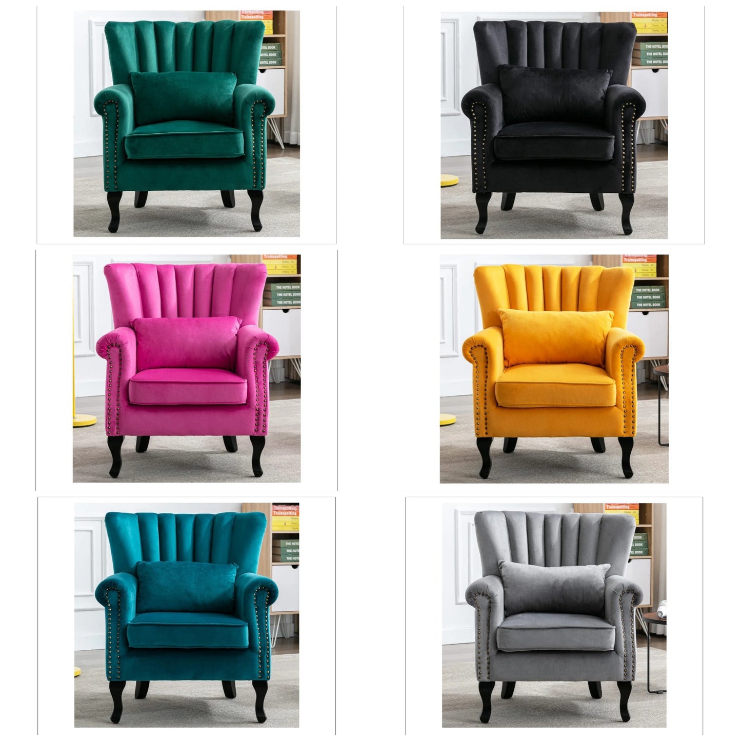 Mid Century Modern Accent Chair Upholstered Armchair Comfy Velvet Fabric Single Sofa with Lined Wingback for Small Spaces Bedroom Living Room, Velvet Black, 30.1D x 30.5W x 35H in