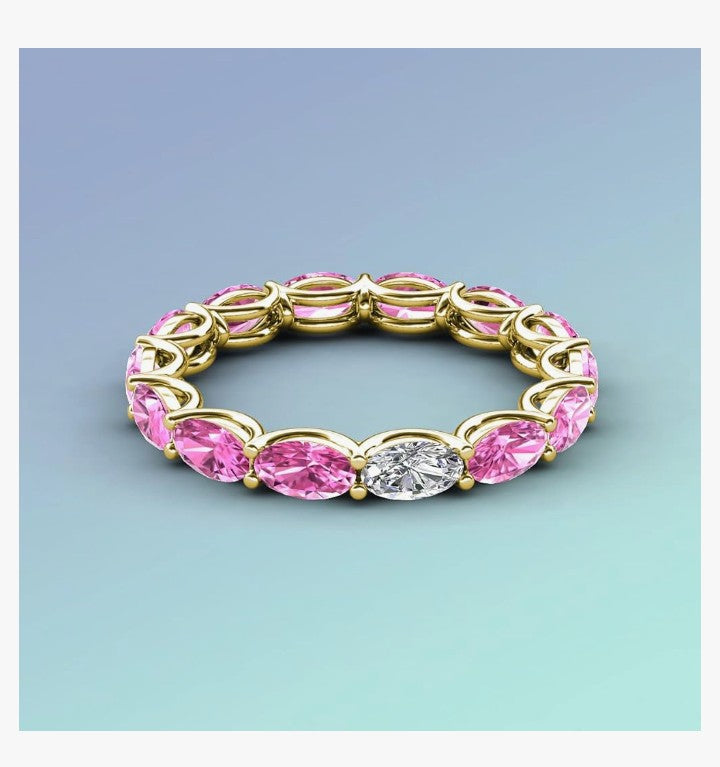 COCOMONEY Oval Lab Grown Diamond & Pink Sapphire 4-3/8 ctw in gorgeous drape like basket setting eternity stackable ring 14K Gold