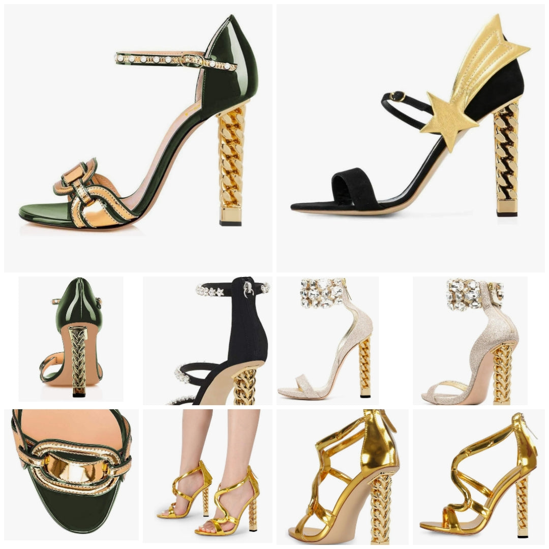 Gold Metal Chain Chunky High Heels Ankle Strap Sandals Open Toe Fashion Summer Dressy Shoes Size 4-15 US