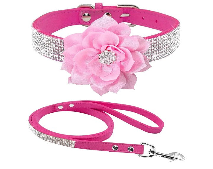 Rhinestone Bling Leather Dog Collar and Leash Set, Cute Dazzling Sparkling Soft Velvet Dog Cat Collar Crystal