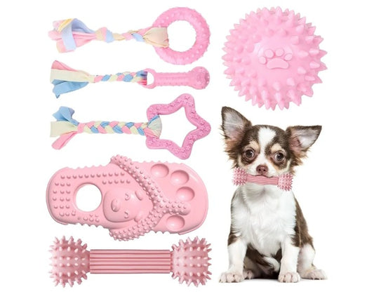 6 Pack Dog Toys for Small Dog Pink Soft Rubber Puppy Toys for Teething Funny Slippers Ball Donut Interactive Set for Small Dog Teething Toys Pet Puppy Toys Set