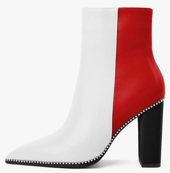 Womens Pointed Toe Beaded Chunky Ankle Boots Side Zipper 3.5 Inches