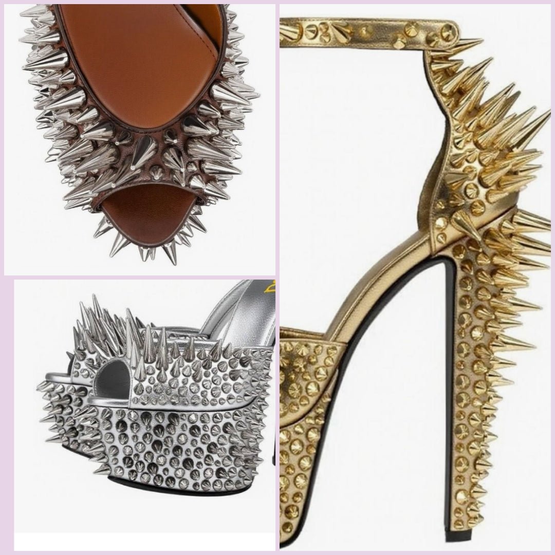 Spiked High Heel with Studded Ankle Strap Peep Toe Platform Chunky Rivets Heel