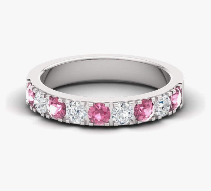 COCOMONEY Natural and Certified Gemstone and Diamond Wedding Ring in 10K White Gold | 0.92 Carat Half Eternity Stackable Band for Women, US Size 6