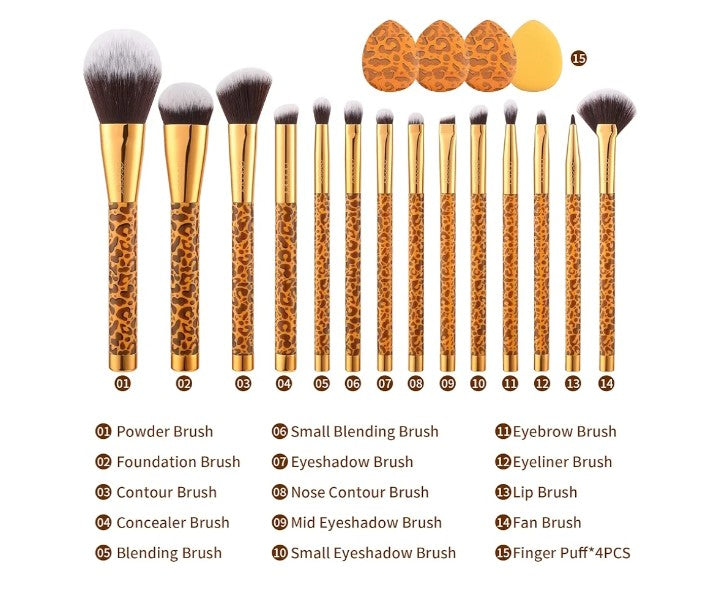 Makeup Brushes Leopard 14pcs Premium Synthetic Foundation Powder Concealers Eye shadows Blush Makeup Brush Set with 4pcs Makeup Puffs