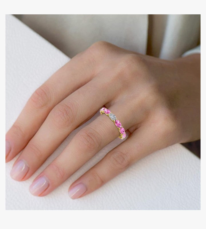 COCOMONEY Oval Lab Grown Diamond & Pink Sapphire 4-3/8 ctw in gorgeous drape like basket setting eternity stackable ring 14K Gold