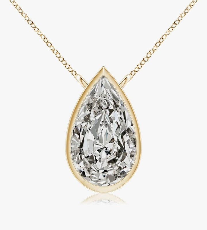 COCOMONEY 14K Natural Bezel-Set Pear-Shaped Diamond Solitaire Pendant in 14K Solid Gold/Platinum | April Birthstone, Birthday, Engagement, Anniversary, Wedding Jewelry Gift for Women