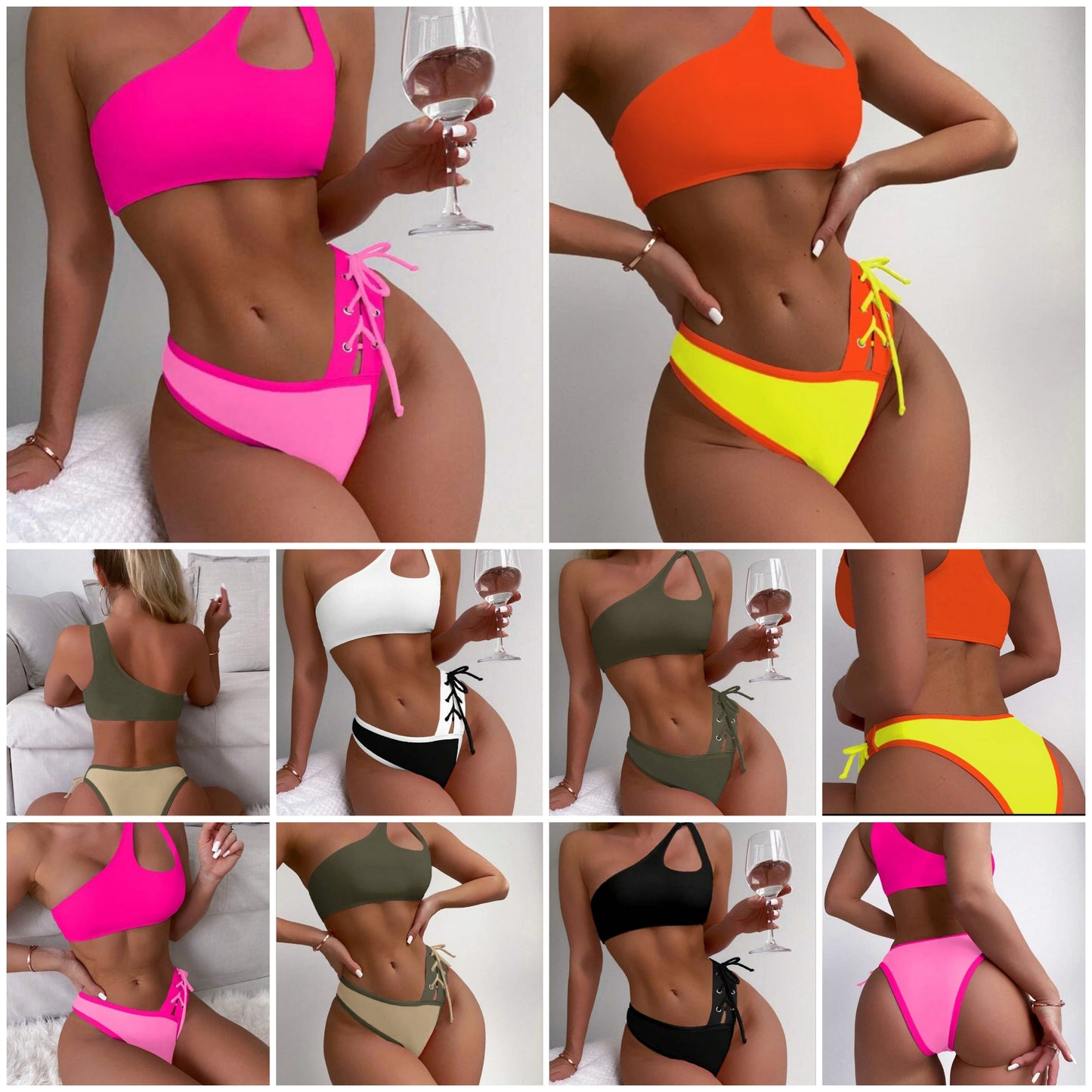 Colorblock One Shoulder Bikini Set COCOMONEY