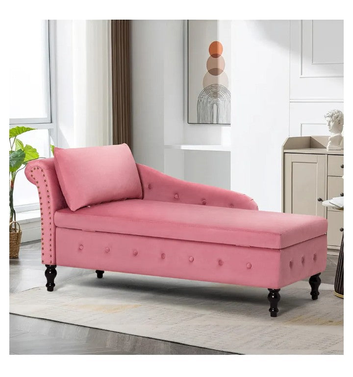 Upholstered Velvet Chaise Lounge with Left Armrest & Storage Space,Button Tufted Lounge Chair w/Lumbar Pillow,Modern Lounge Chair for Bedroom, Living Room and Office