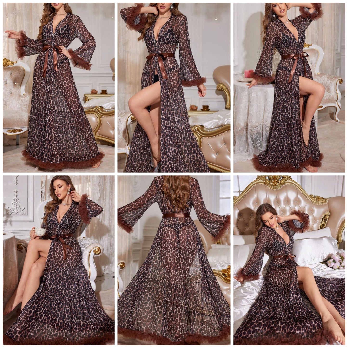 Leopard Print Oversized Embroidered Floral Trim Sheer Robe COCOMONEY