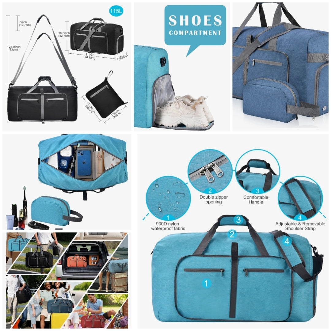 2pc Duffle Bag with Shoes Compartment and Adjustable Strap,Foldable Travel Duffel Bags for Men Women,Waterproof Duffel Bags