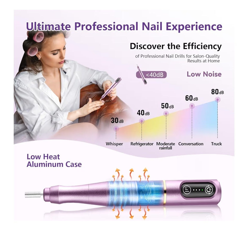 Nail Drill Cordless Electric Nail File Kit Rechargeable Professional Efile Nail Set, Portable Acrylic Gel Nail Polish Remover Machine Pedicure Manicure Tool, 11 Bits 56 Sanding Bands Salon Home