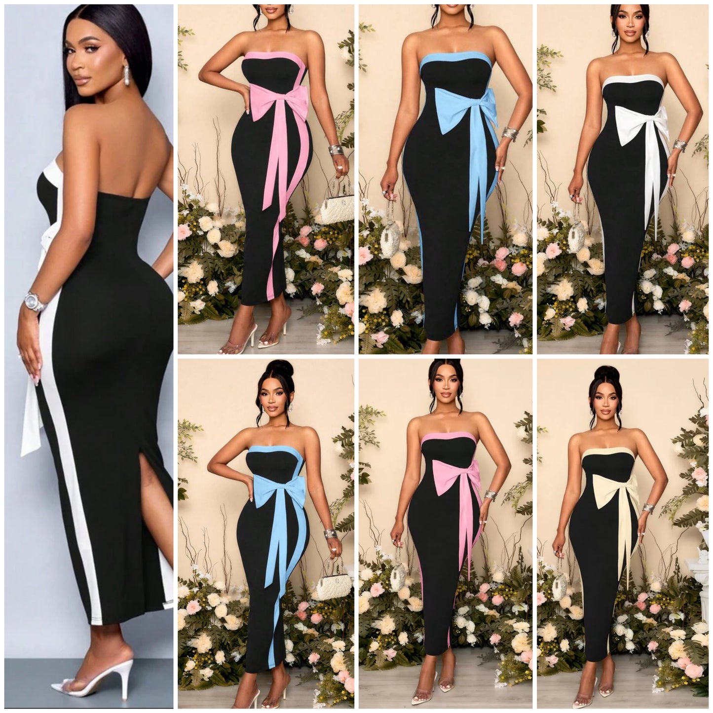 Fabric Edge Color Matching Side White Three-Dimensional Bow Decoration Back Center Slit Tube Top Long Dress