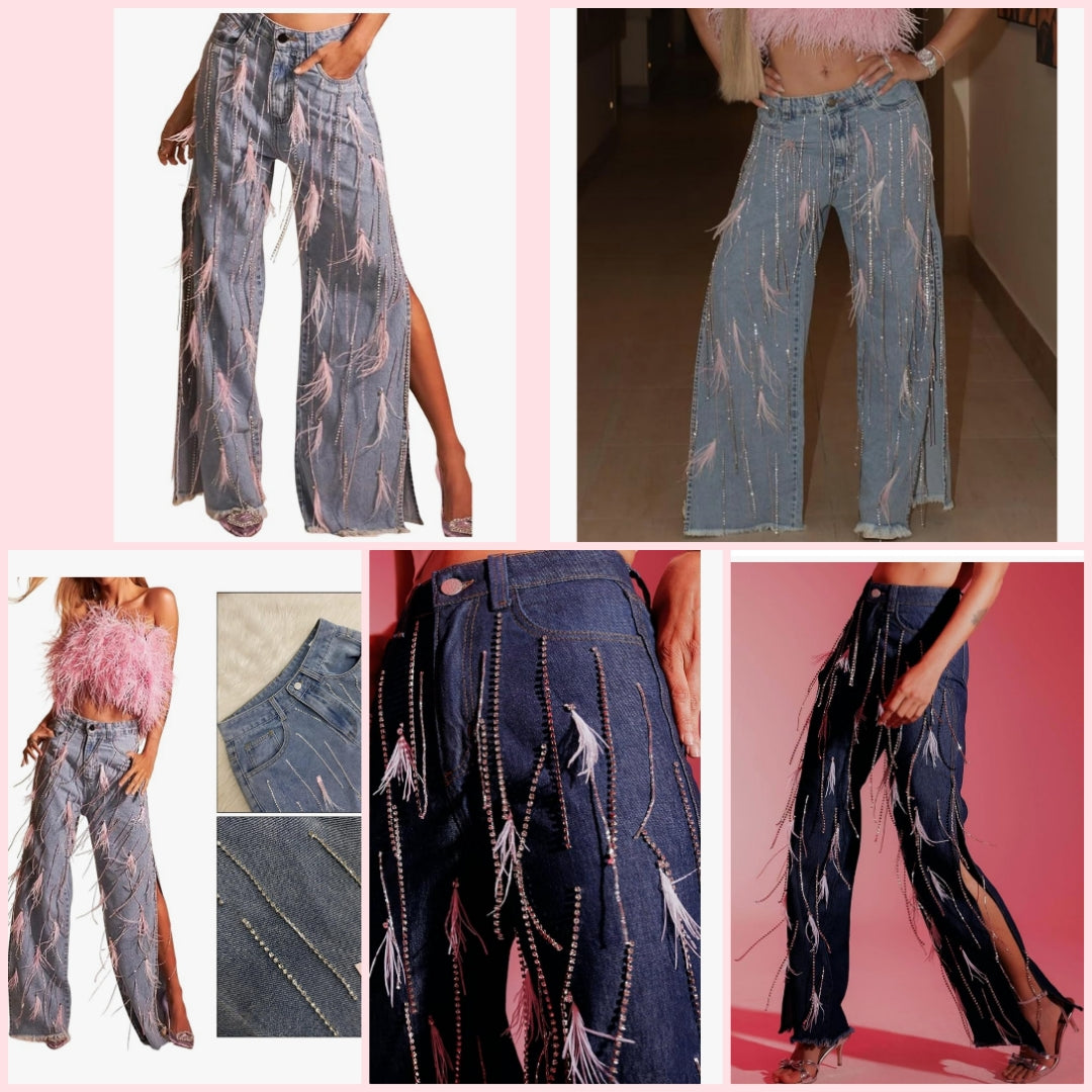 Women's Rhinestone Tassels Jeans High Waist Sright Leg Baggy Sparkly Side Slit Fringe Feather Denim Pants