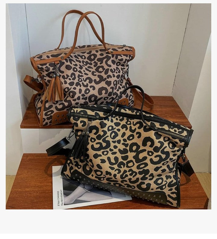 Oversized Leopard Purse,Women Studded Tote Handbags Animal Printing Punk Large Shoulder Bags Hobo Tassel Rocker Rivet