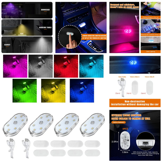 4 PCS Car LED Lights Interior Wireless, 7 Colors Sticky Auto Interior Light with 6 Bright LED Lamp Beads, Portable USB Rechargeable Vehicle Interior Led Night Light