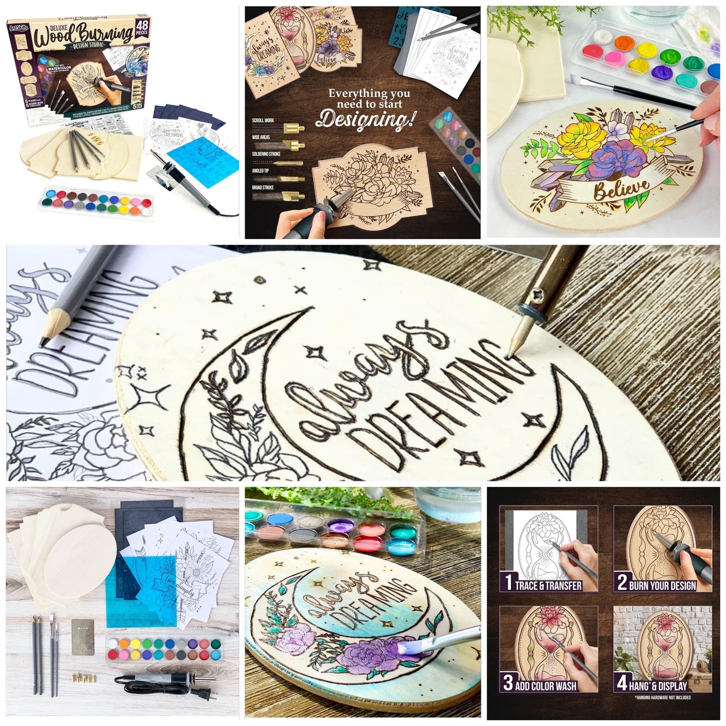 Wood Burning Kit for Beginners - Deluxe Pyrography Wood Engraving Art Kit with Burner Pen, Stencils, Watercolor Paints - 48 Piece DIY Woodburning Tool Kit for Adults and Kids