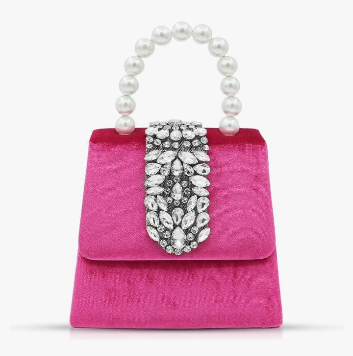 Clutch Purses for Women, Satin Evening Bag, Hot Pink Small Tote Bag, Twinkle Rhinestone Clutch Purses, Pearl Handles, Crossbody Bags for Wedding, Prom, Parties, Travel