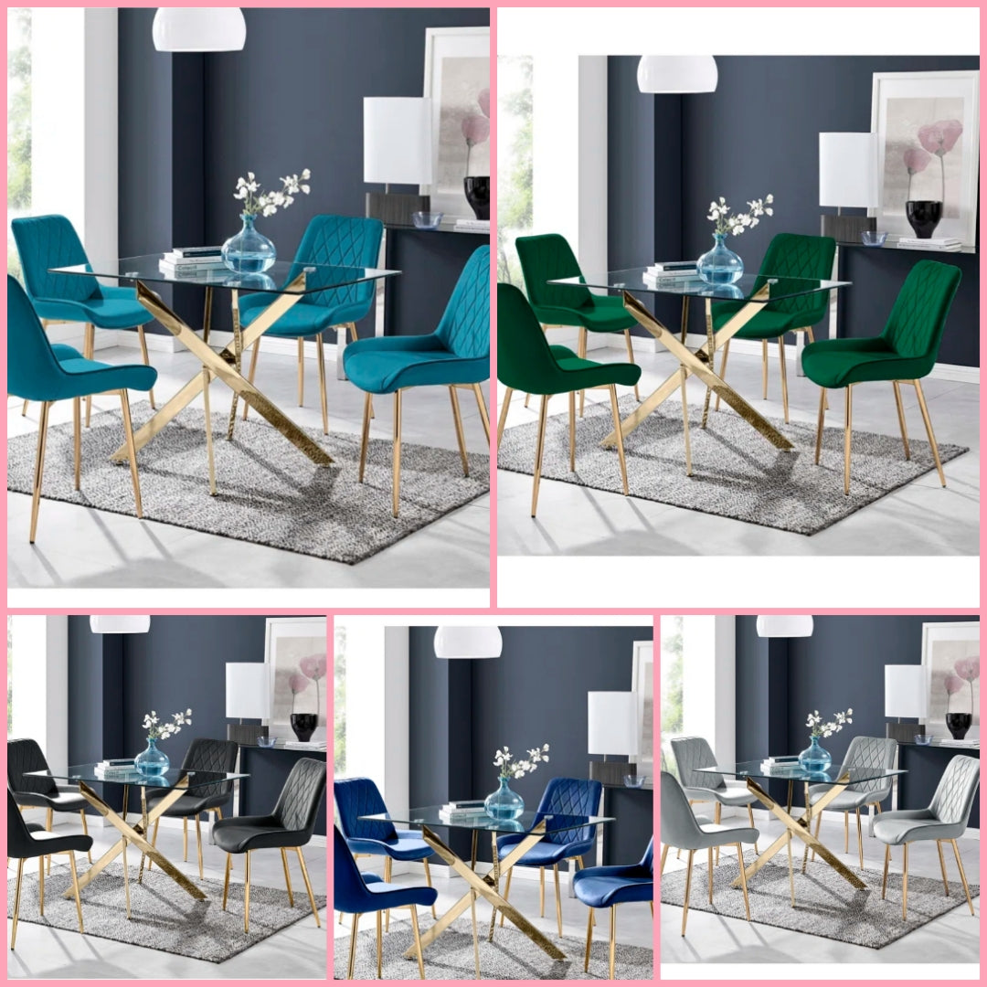 Metal and Glass Dining Table Set with 4 Velvet Upholstered Dining Chairs