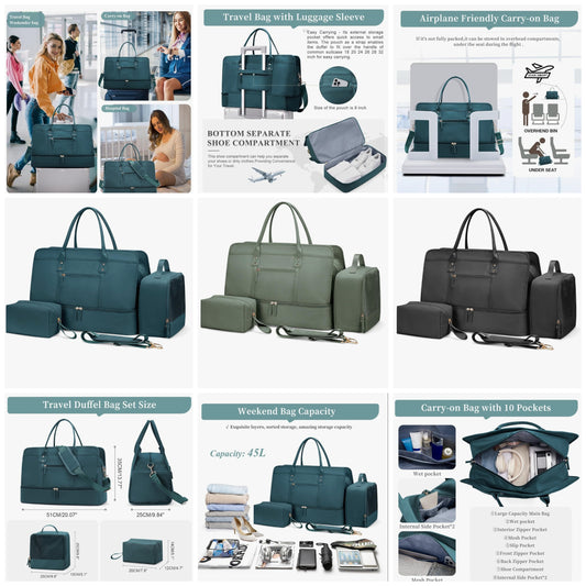 3pcs Weekender Bags for Women,Travel Duffel Bag Personal Item Bag with Shoes Compartment,Overnight Carry On Bag with Wet Pocket, Travel Bag 3Pcs Set