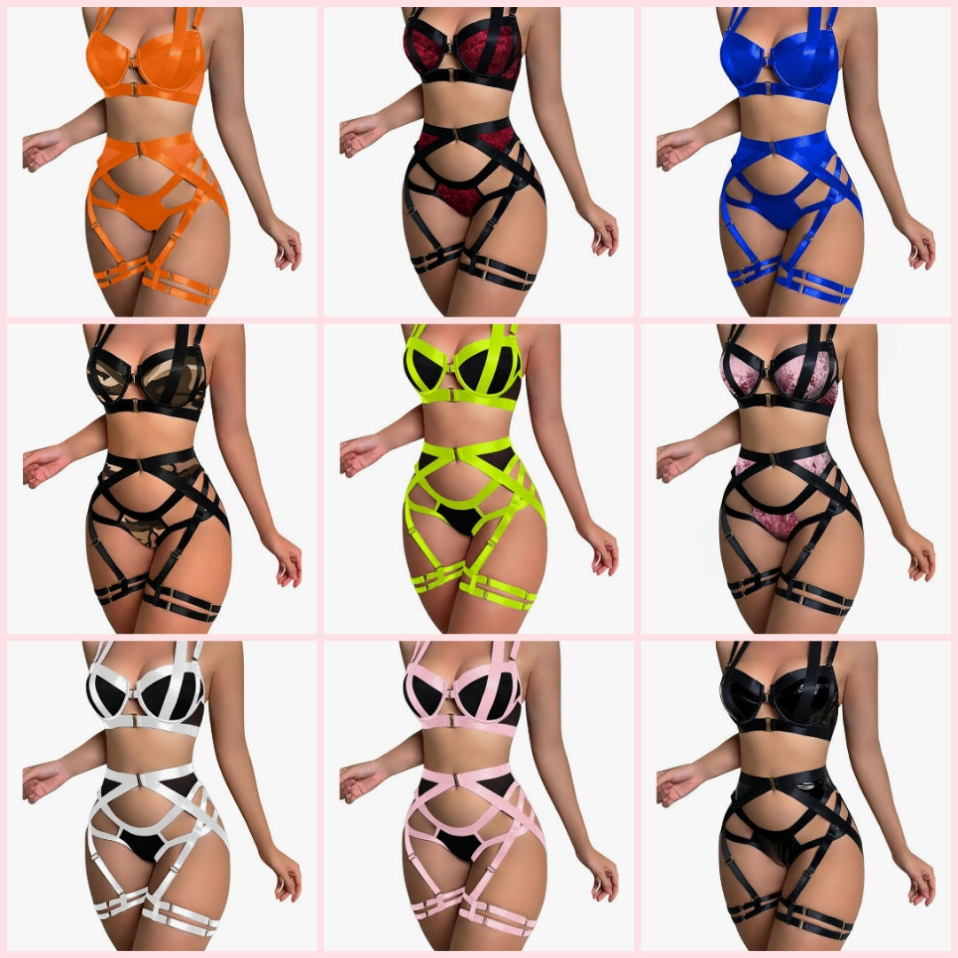 Sexy Strappy Underwire Push Up Garter Belt Women Lingerie Set Harness Cutout Outfits Matching Bra Panty 3 Piece Cocomoney