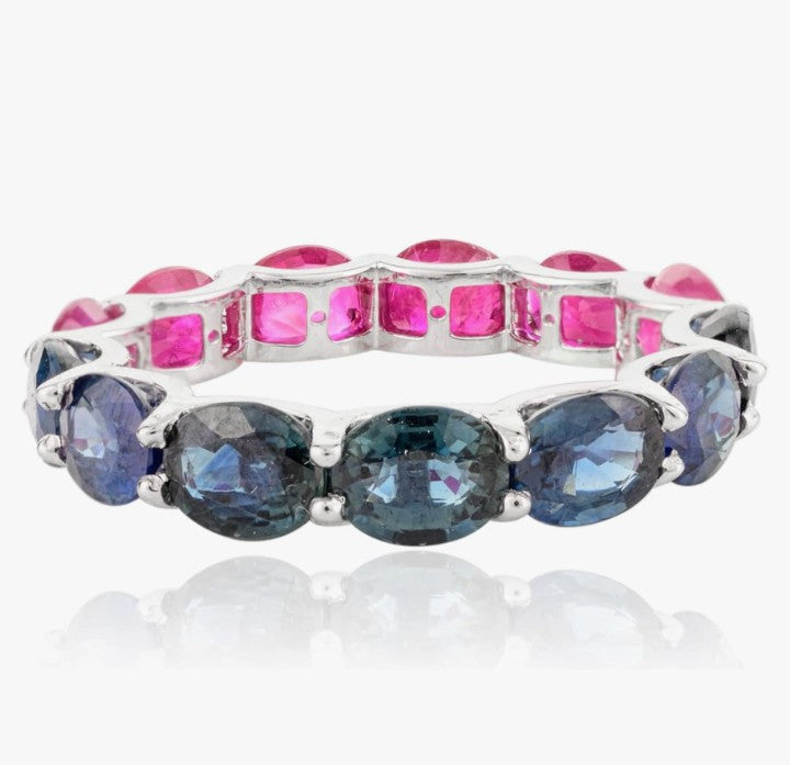 COCOMONEY Ruby & Emerald Eternity Ring- 14K Solid White Gold Stackable Ring- Elegant