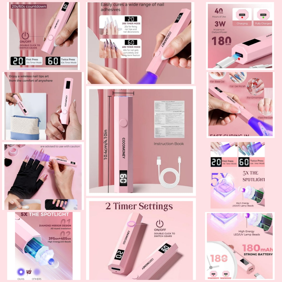 UV Nail Light Handheld UV Light for Nails 3W Portable Led Lamp with 2 Timer Settings 20/60s for Gel Polish Home DIY Salon Women(Pink)