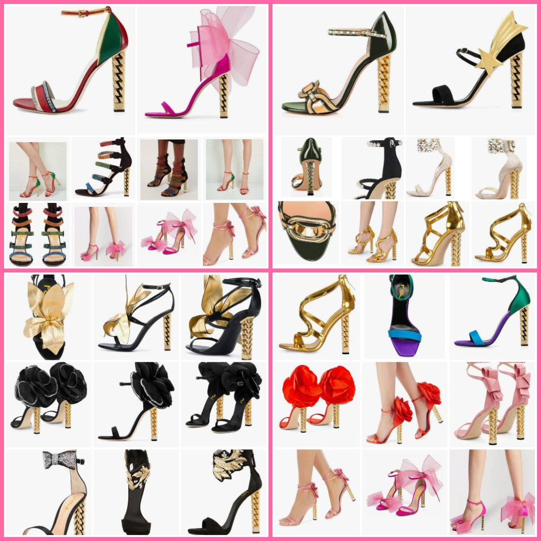 Gold Metal Chain Chunky High Heels Ankle Strap Sandals Open Toe Fashion Summer Dressy Shoes Size 4-15 US