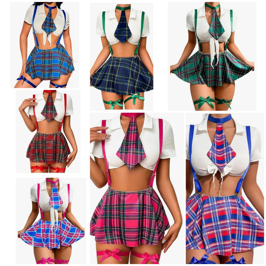 5 Piece Cosplay Costumes For Women,Halloween Lingerie Outfits,Tie Crop Top & Plaid Skirt Set