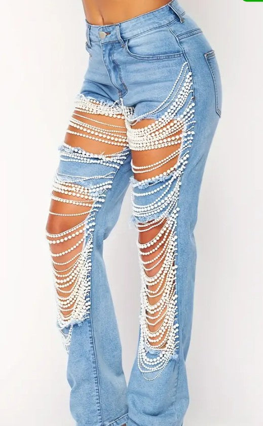 COCOMONEY PEARL CHAIN JEANS DENIM