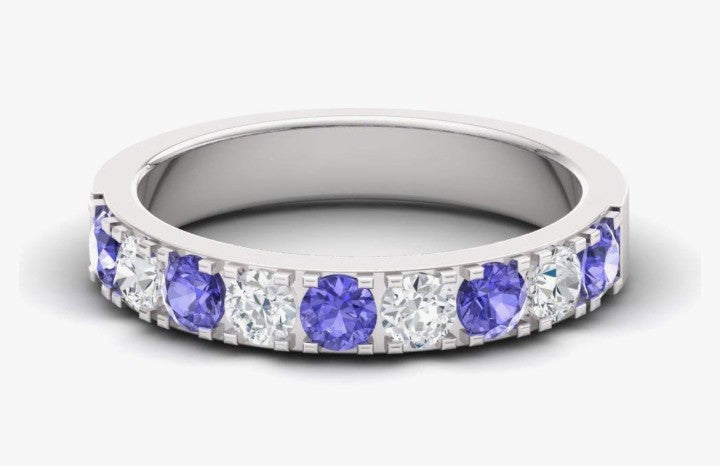 COCOMONEY Natural and Certified Gemstone and Diamond Wedding Ring in 10K White Gold | 0.92 Carat Half Eternity Stackable Band for Women, US Size 6