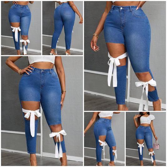 Plus Size Distressed Denim Skinny Jeans With Tied Bow Women Summer Outfits Old Money Vacation Outfit Bow Ripped Jeans COCOMONEY
