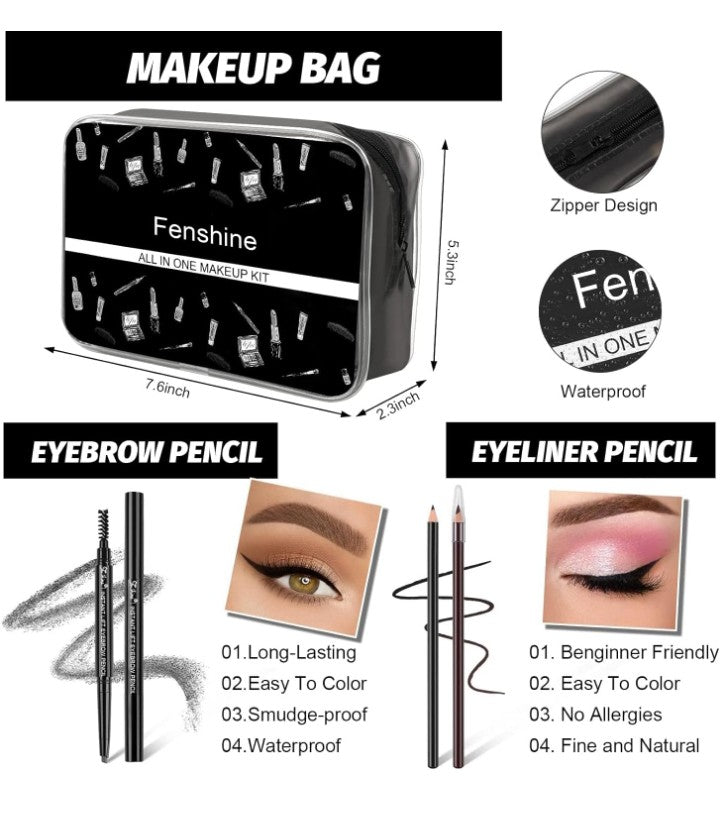 Full Makeup Gift Set Makeup Essential Starter Bundle Include Eyeshadow Palette Lipstick Eyebrow Pencil Brush Set (Type C)