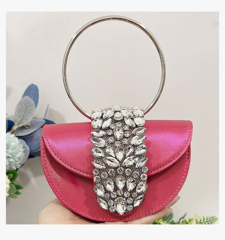 Crossbody Bag for Women, Satin Evening Bag, Hot Pink Sleek Handbag, Rhinestone Small Tote Bag, Clutch Purses for Wedding, Prom, Parties, Travel