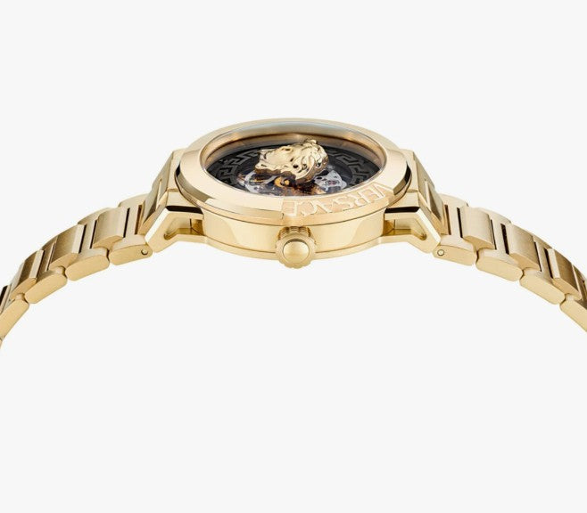 Versace Medusa Infinite Collection Luxury Womens Watch Timepiece with a Gold Bracelet Featuring a Gold Case and Black Dial