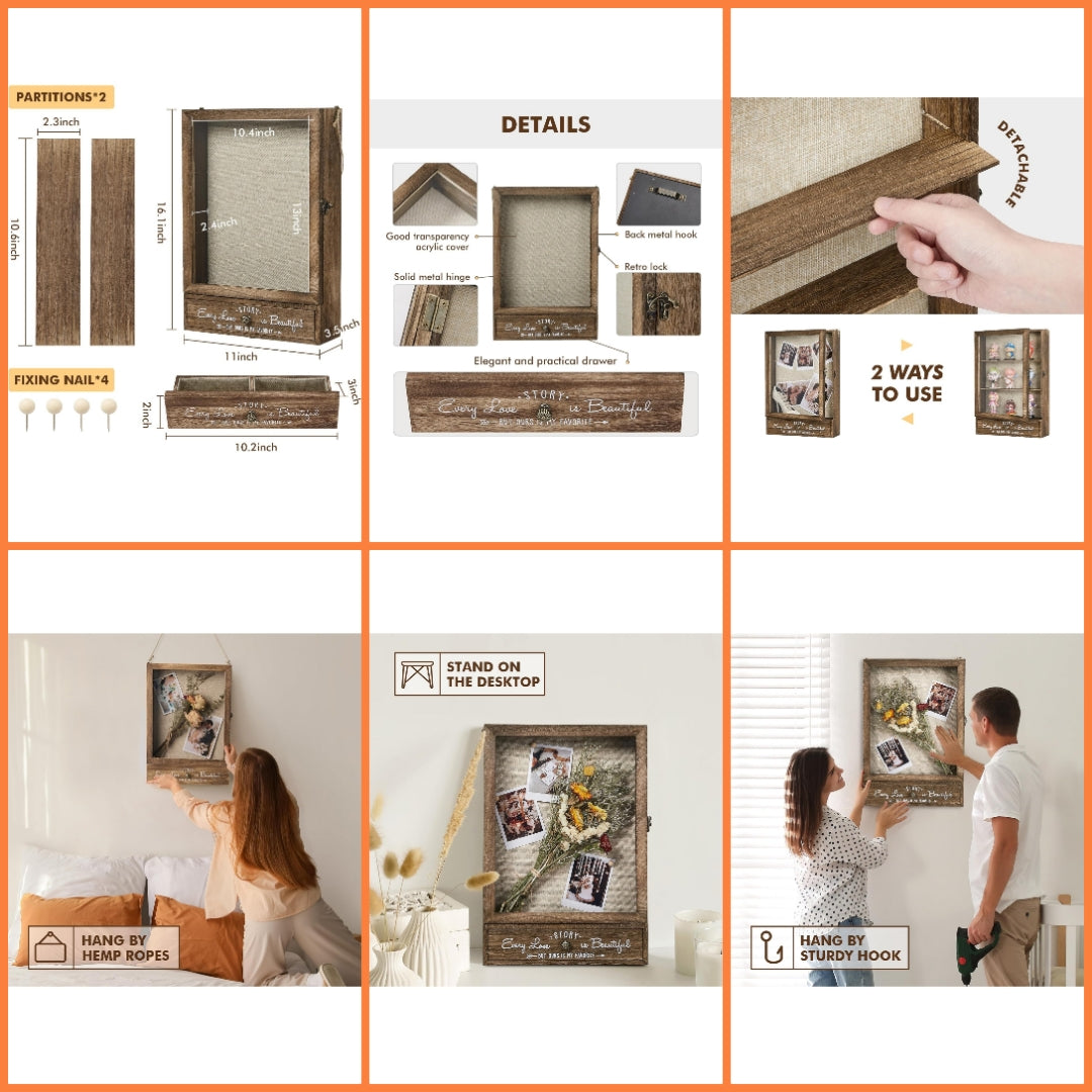 11X16 Large Shadow Box Picture Frames Deep Shadow Boxes Display Cases with Removable Shelves and Drawers, Brown Wooden Memory Boxes for Keepsakes with Slot Christmas Decorations Gifts